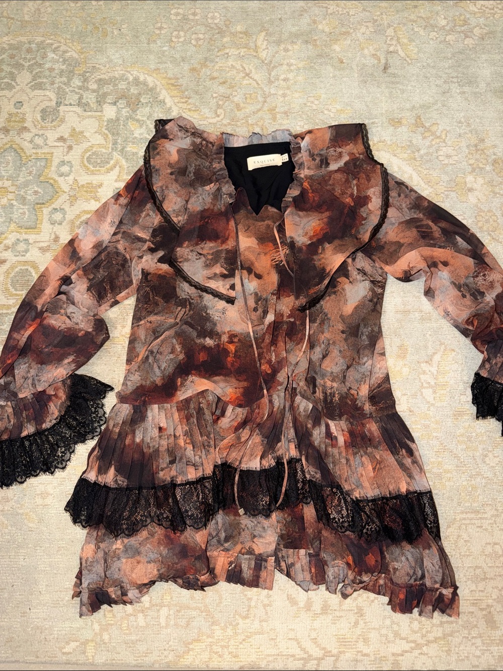 Women’s Long Sleeve Ruffled Floral Blend Dress - Brown Multi